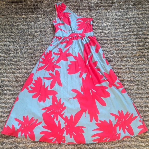 Dresses & Skirts - Vibrant Floral One-Shoulder Maxi Dress - Pink and Blue